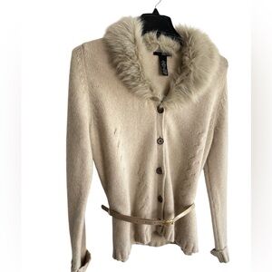 A. Giannetti Beige Wool Angora Belted Cardigan Sweater Large Faux Fur Collar Y2K